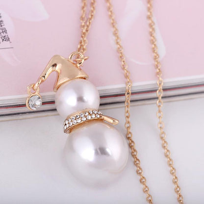 Jewelry Long Sweater Chain Christmas Gift Diamond Pearl Snowman Pendant Necklace