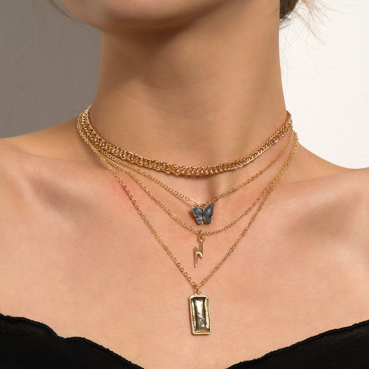 Jewelry Butterfly Lightning Nugget Pendant Retro Fashion Multilayer Alloy Short Necklace Women