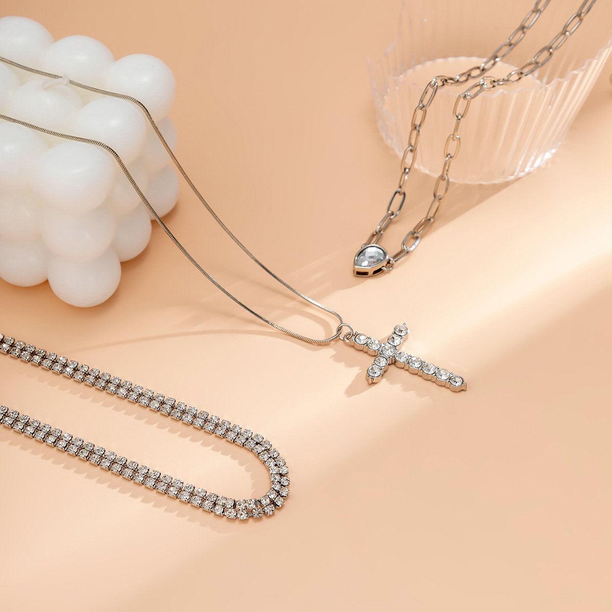 Jewelry Hip Hop Trendy Diamond Cross Necklace Set Fashion Metal Chain Clavicle Necklace