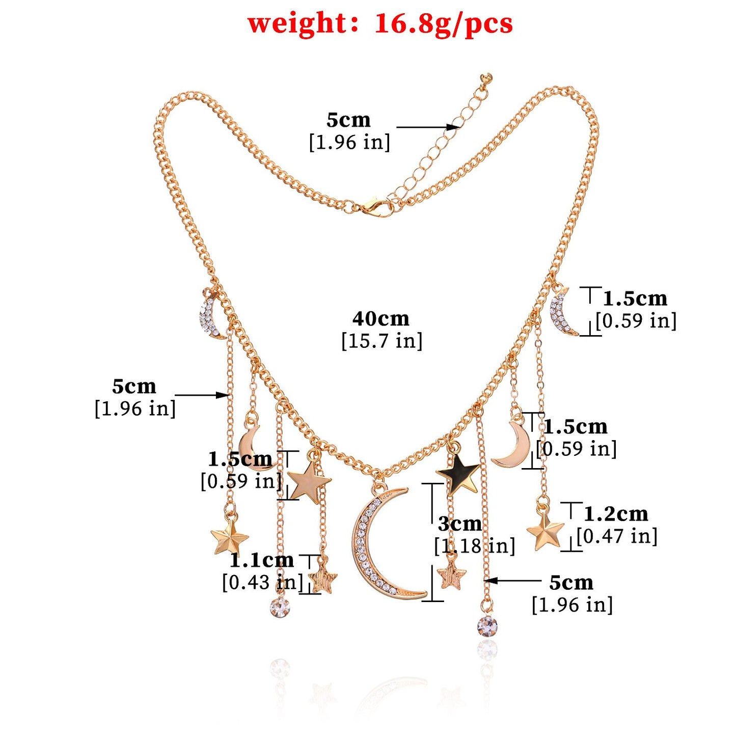 Jewelry Ladies Full Diamond Crescent Pentagram Pendant Necklace Rhinestone Tassel Short Sweater Necklace