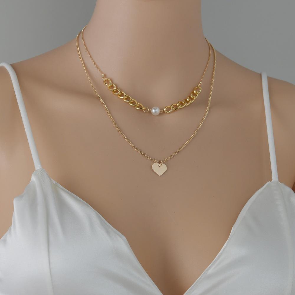 Jewelry Gold Chain Pearl Iron Piece Heart Pendant Double Layer Necklace