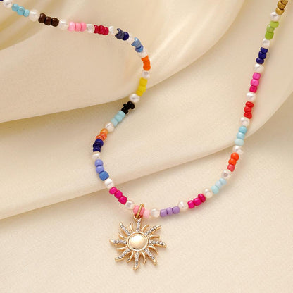 Summer ins ladies short choker stainless steel coin turquoise pearl sun necklace