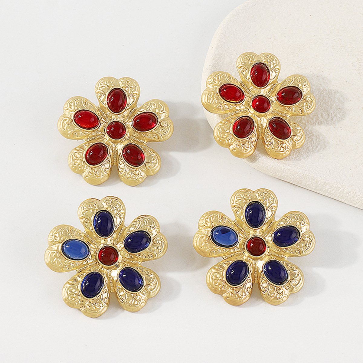 Retro Palace Geometric Flower Gemstone Earrings Personality Light Luxury Temperament Elegant Embossed Creative Earrings