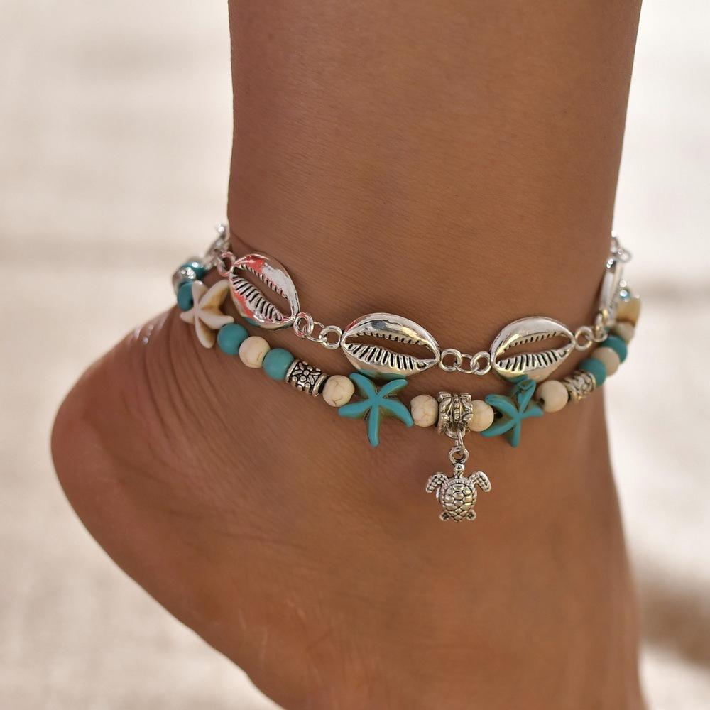 Foot Jewelry Creative Fashion Metal Shell Turtle Pendant Starfish Anklet Two-piece Set