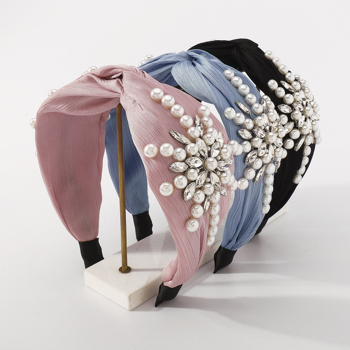 F4632 wide-brimmed solid color cross fashion headband pearl flower rhinestone temperament net red blogger light luxury headband female