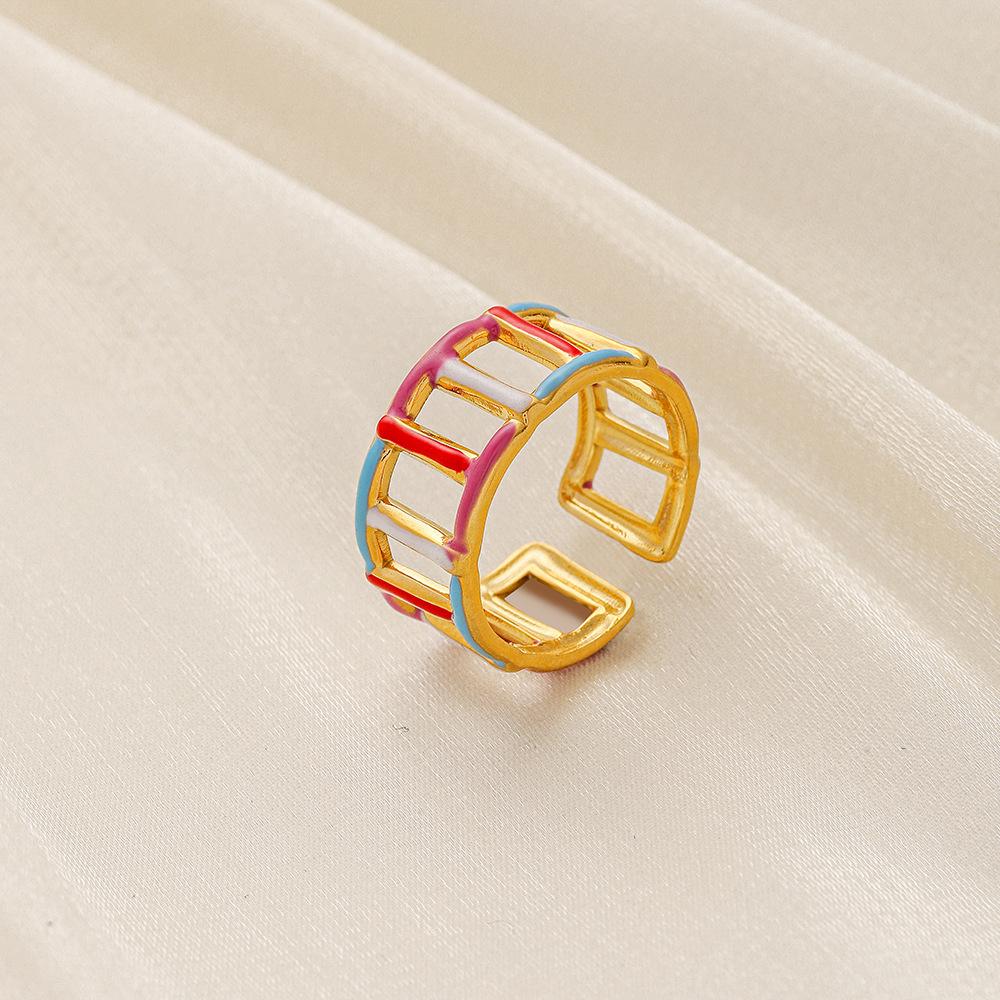 Fashionable high-level cold ins stainless steel opening color drop oil simple line ring