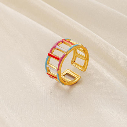Fashionable high-level cold ins stainless steel opening color drop oil simple line ring