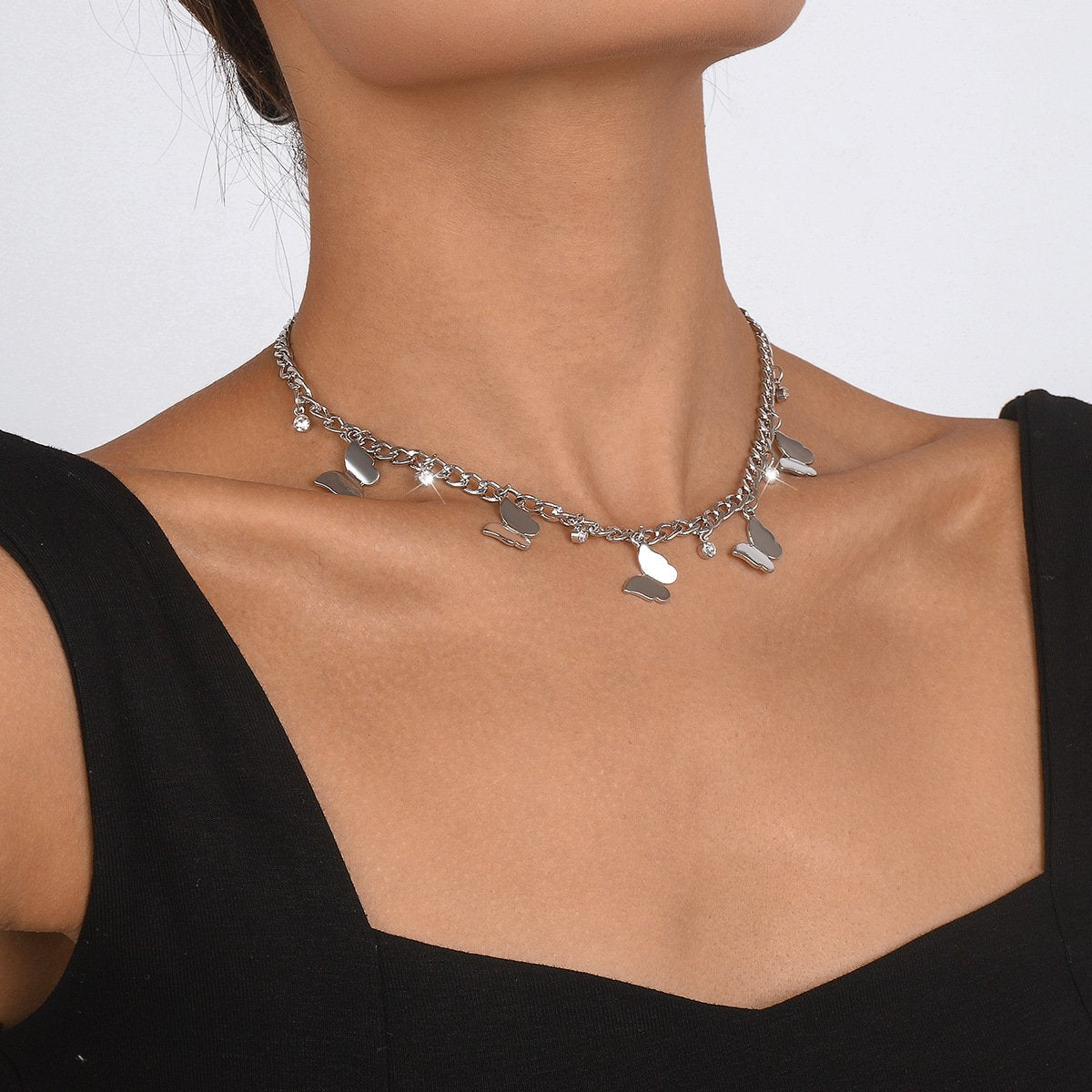 1793 Simple Metal Single Layer Butterfly Rhinestone Necklace Elegant Small Fresh Sweet Fashion Short Clavicle Necklace