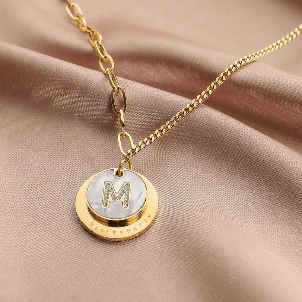 Fashion personality stainless steel gold shell letter M diamond pendant titanium steel ladies necklace