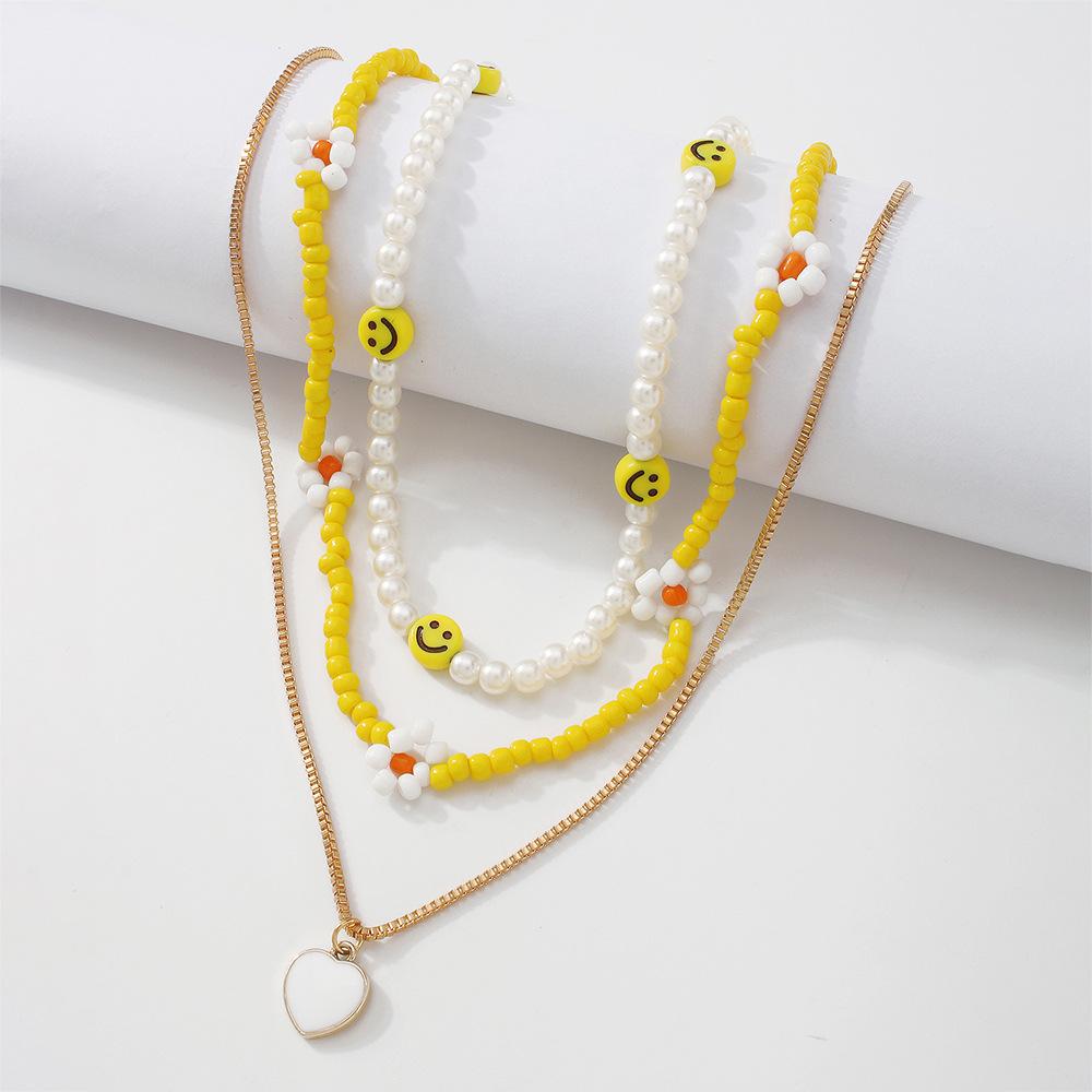 N9524 Bohemian Ethnic Necklace Rice Bead Flower Smile Face Creative Necklace Fashion Simple Necklace