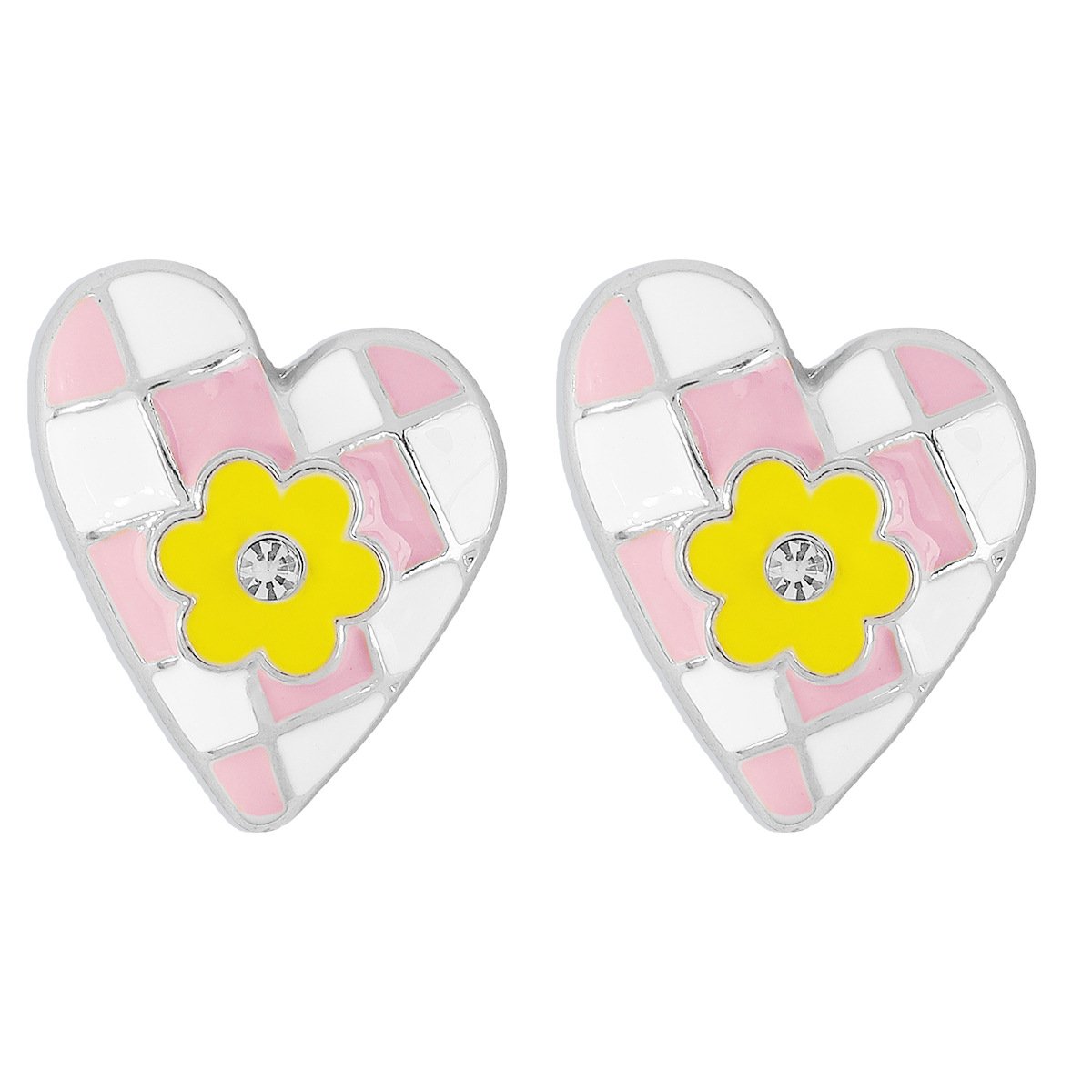 E1386 Sweet Love Flower Geometric Earrings Checkerboard Drip Oil Micro-Inlaid Girl Heart Internet Celebrity Earrings