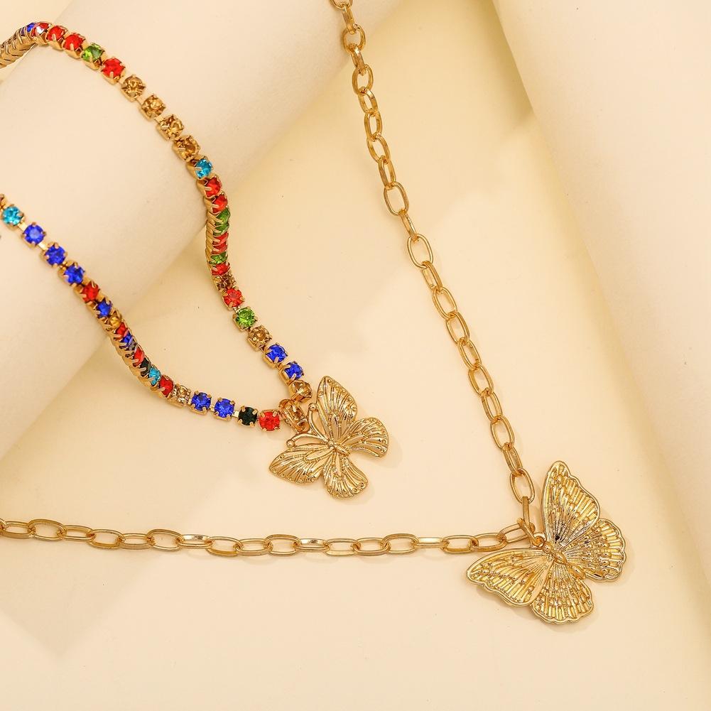 Jewelry Fashion Double Color Diamond Butterfly Necklace Ins Simple Design Temperament Versatile Clavicle Necklace