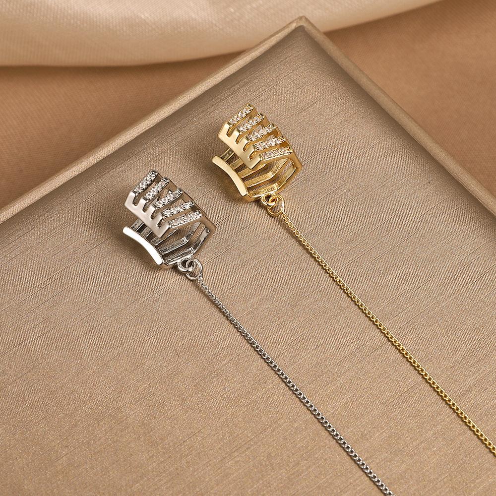 Ins long tassel ear clip female personality temperament diamond-studded one-piece ear wire ear bone clip net red earrings tide