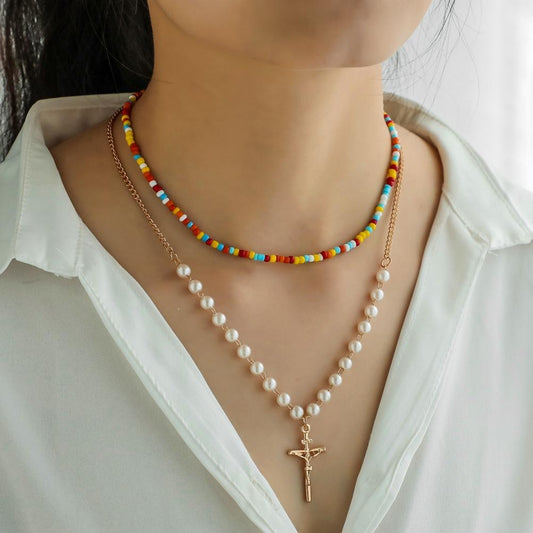 Necklace Personalized Colorful Rice Bead Necklace Fashion Double Layer Pearl Cross Trend Metal Necklace