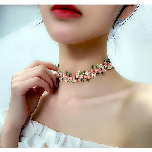 Jewelry Peach Pink Lace Necklace Embroidery Flower Necklace Collar Choker Necklace Clavicle Chain Female