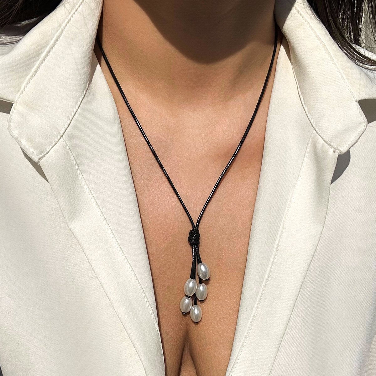 Jewelry Simple Wax Line Geometric Necklace Temperament Mi-shaped Imitation Pearl Tassel Pendant Necklace Female