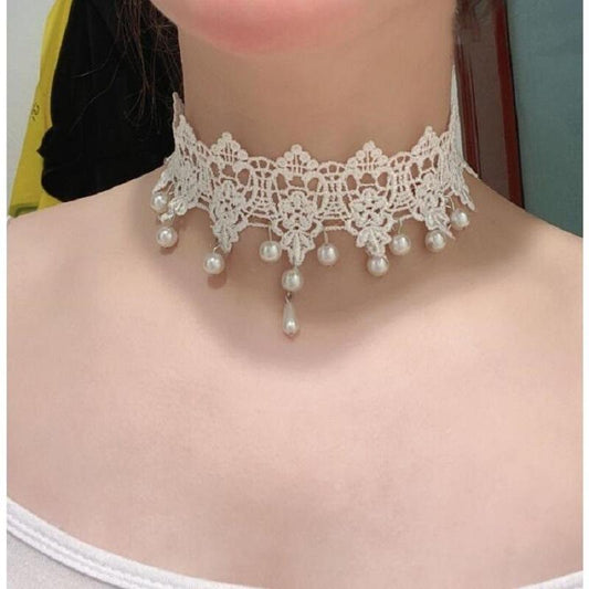 Retro super fairy white lace pearl pendant collar choker sweet and gentle short neck strap clavicle chain
