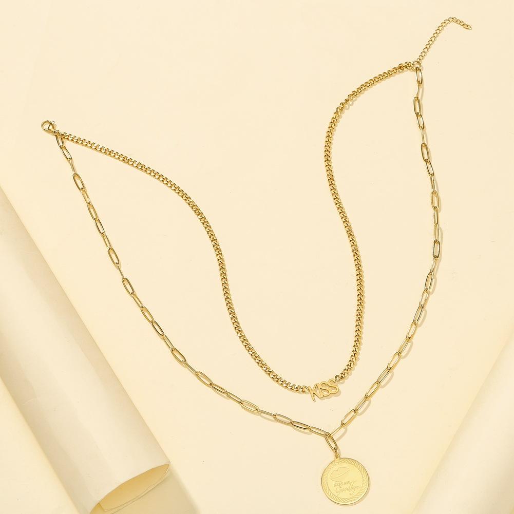 Titanium steel non-fading double-layer stacked letter round necklace KISS pendant collarbone chain versatile adjustable sweater chain