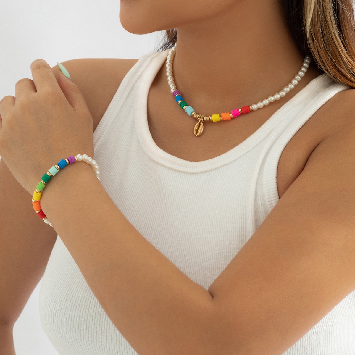 Jewelry Ethnic Color Soft Pottery Pearl Necklace Summer Metal Shell Pendant Clavicle Necklace