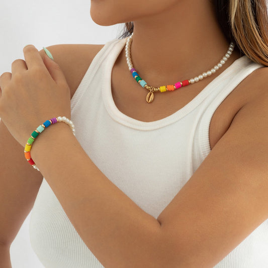 Jewelry Ethnic Color Soft Pottery Pearl Necklace Summer Metal Shell Pendant Clavicle Necklace