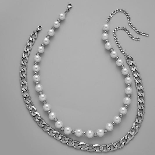 The same trendy men's stainless steel necklace cold double-layer Cuban chain six-sided grinding coarse chain pearl chain