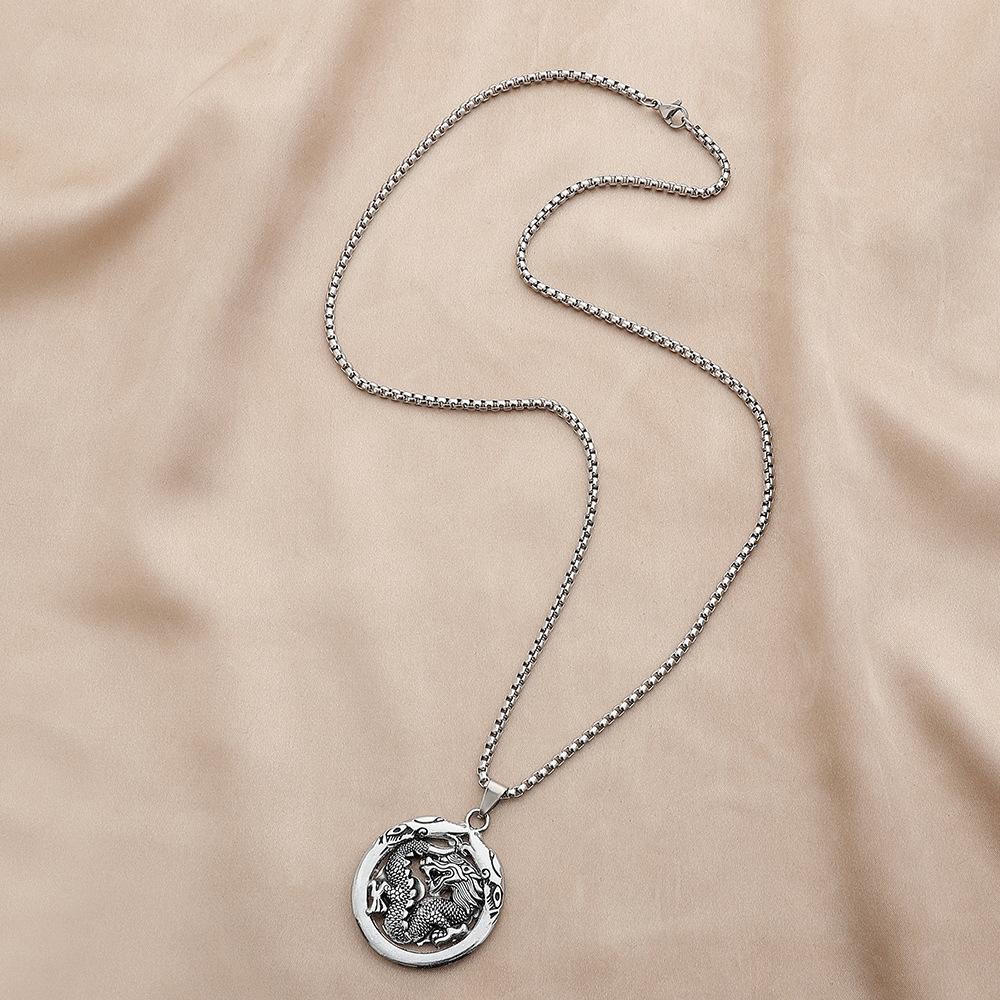 Ethnic fashion hip-hop stainless steel round plate hollow dragon totem pendant personality trend cold men's necklace