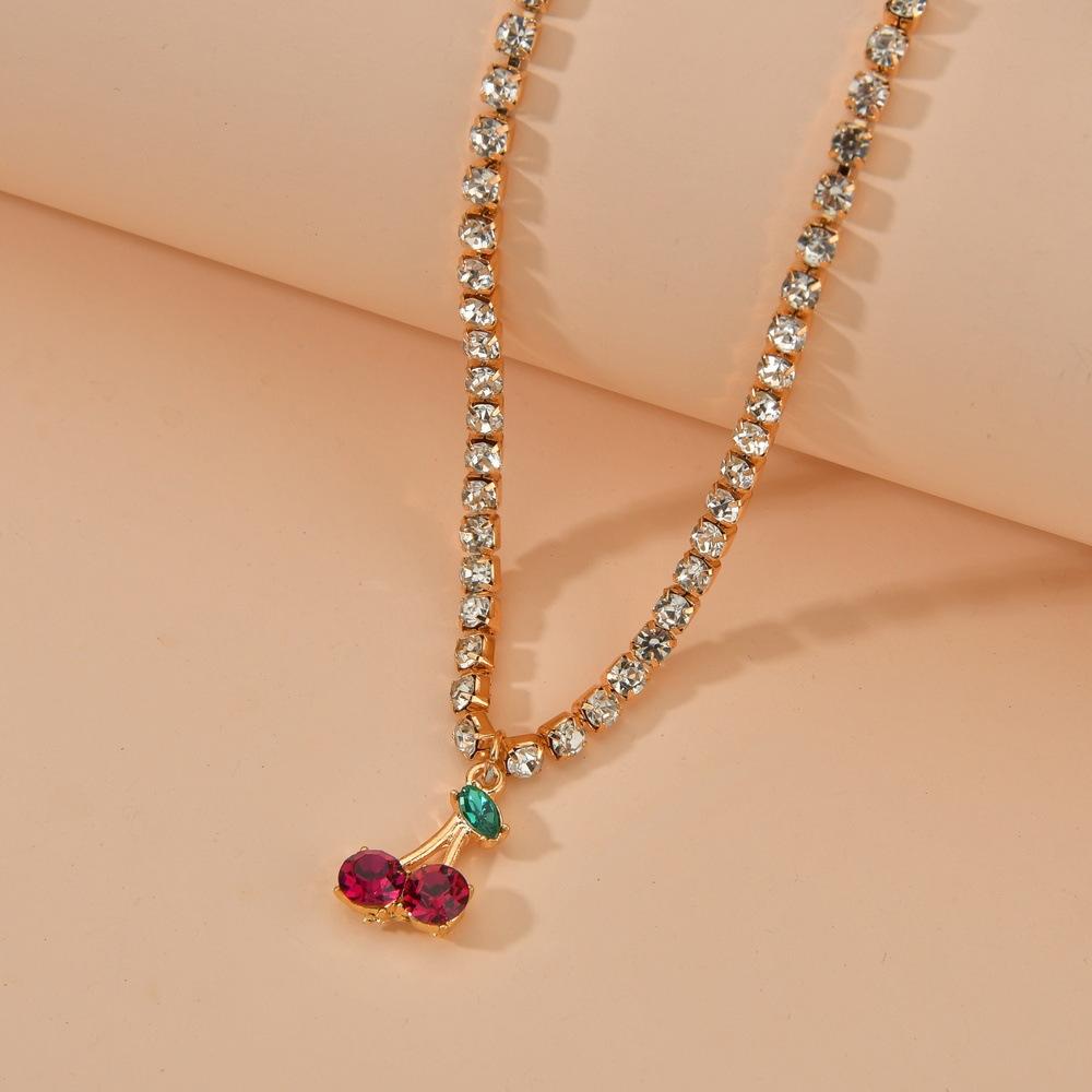 Sweet Little Cherry Pendant Necklace Female Fashion Rhinestone Short Necklace Neck Jewelry