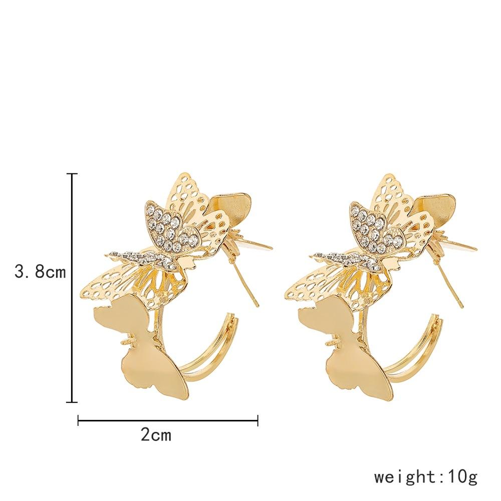 Girls ins jewelry exaggerated metal diamond butterfly C-shaped earrings