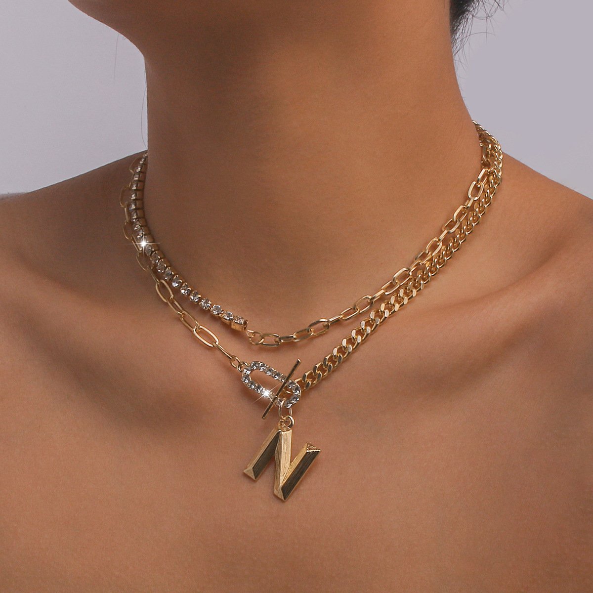 149 Minority Geometric Necklace Micro-inlaid Rhinestone Letter Claw Chain Stitching Necklace Net Red Stacked Necklace