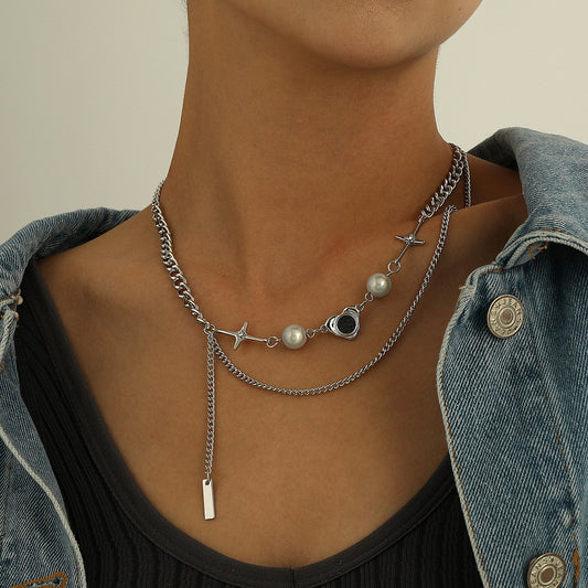 Jewelry punk trendy word tassel pendant necklace female luminous pearl diamond star pendant