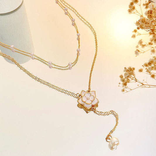 Ins double layered camellia necklace female fashion light luxury niche design pearl pendant sweater chain tide