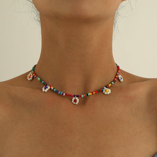 Jewelry Fashion Colorful Rice Beads Flower Pendant Necklace Female Simple Trendy Personality Popular Necklace