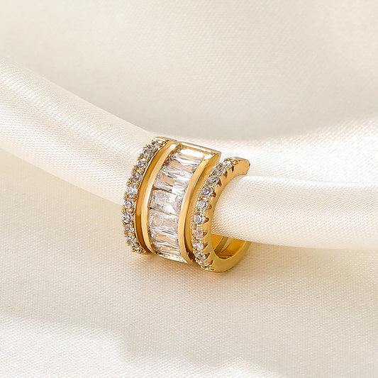 Retro copper inlaid zircon ear clip without ear hole ins fashion niche design geometric C-shaped diamond ear bone clip