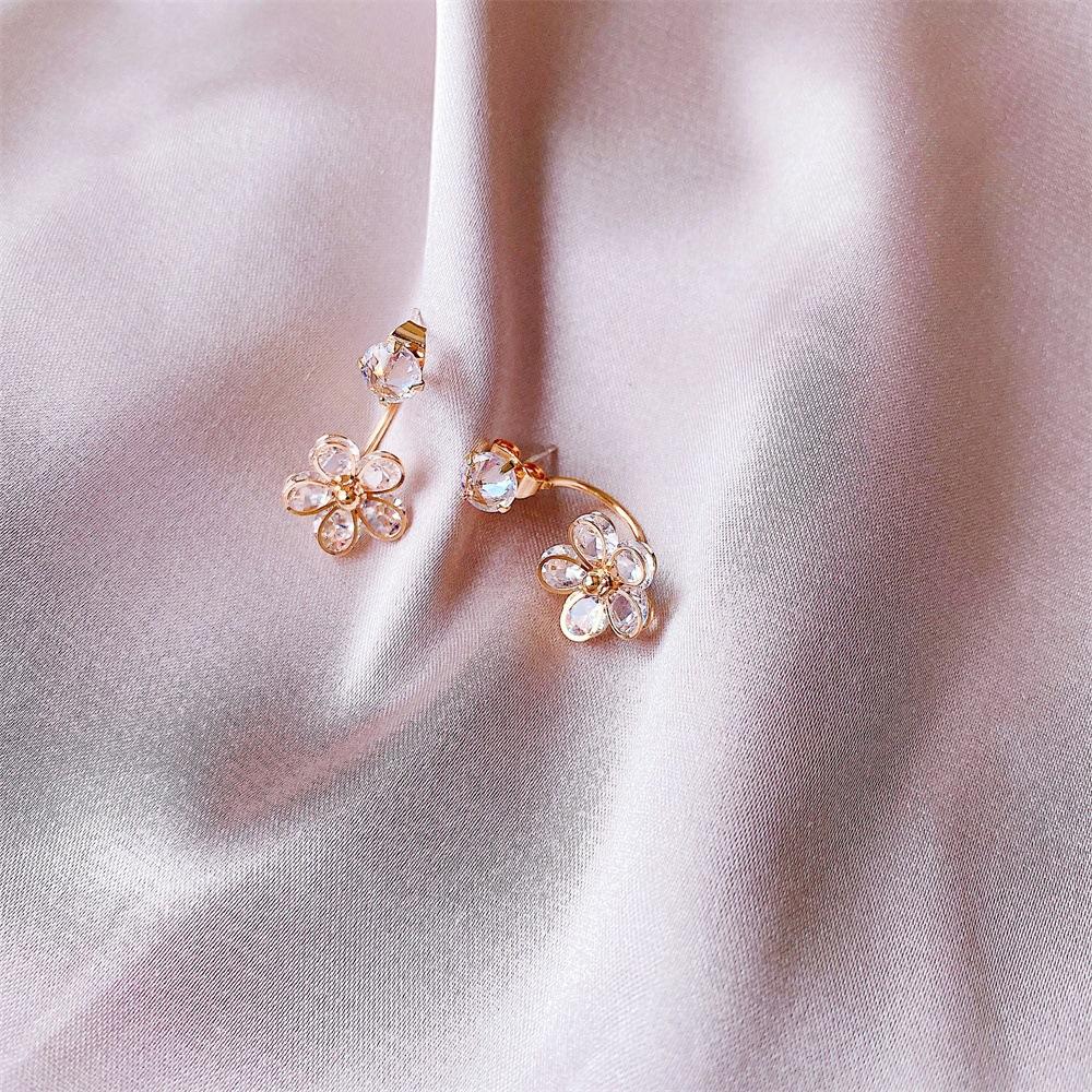 Ins cold five-petal flower back hanging earrings sweet crystal flower earrings net red earrings