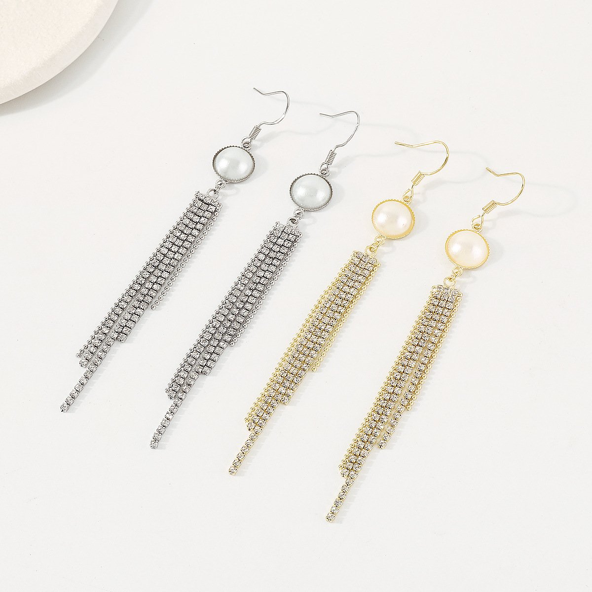 1593 Internet celebrity fashion niche tassel earrings pearl rhinestones sweet cool fairy air long design sense earrings