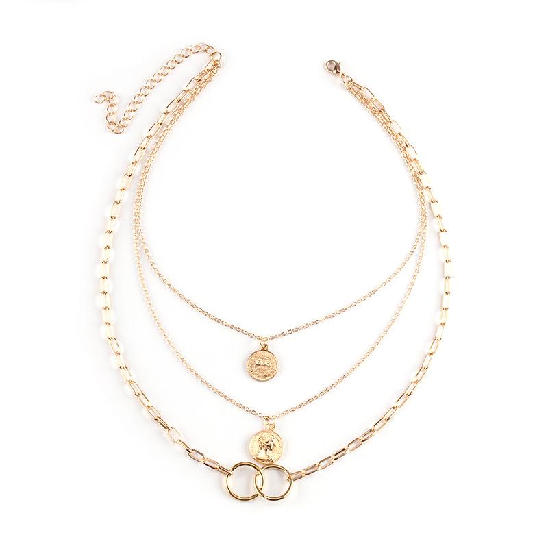 Decorated with multi-layered ring pendant necklace female ins cold beauty head pendant clavicle chain