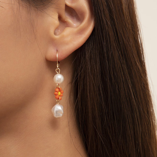 Baroque special-shaped imitation pearl pendant earrings ethnic small daisy flower rice bead earrings