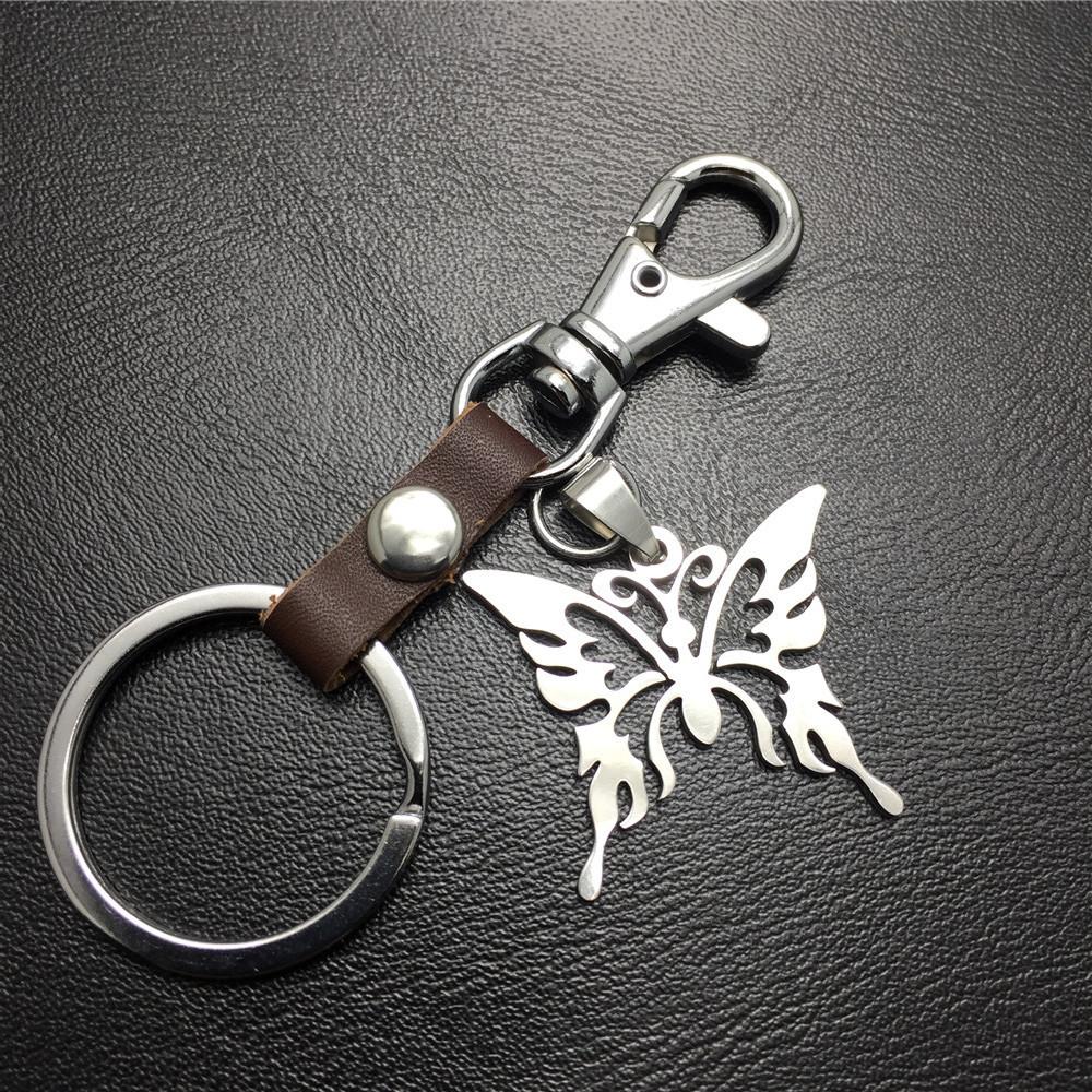 Men and Women Jewelry Titanium Steel Pendant Stainless Steel Hollow Butterfly Pendant Leather Keychain