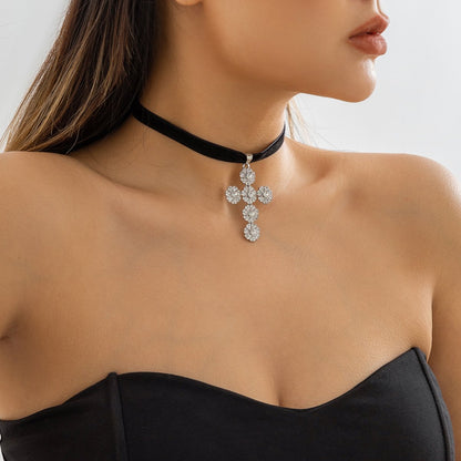 Jewelry simple flower plate diamond cross pendant necklace female retro cold choker necklace