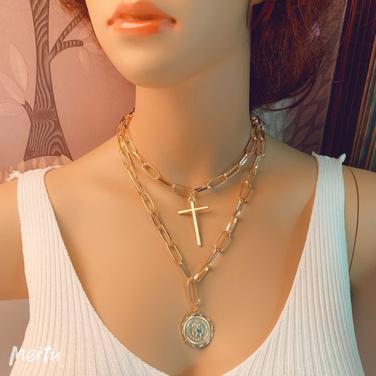 Jewelry Punk Retro Exaggerated Queen Image Necklace Multi Layered Cross Two Piece Sweater Chain