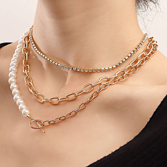 Jewelry ins texture imitation pearl collarbone necklace female simple rhinestone claw chain necklace