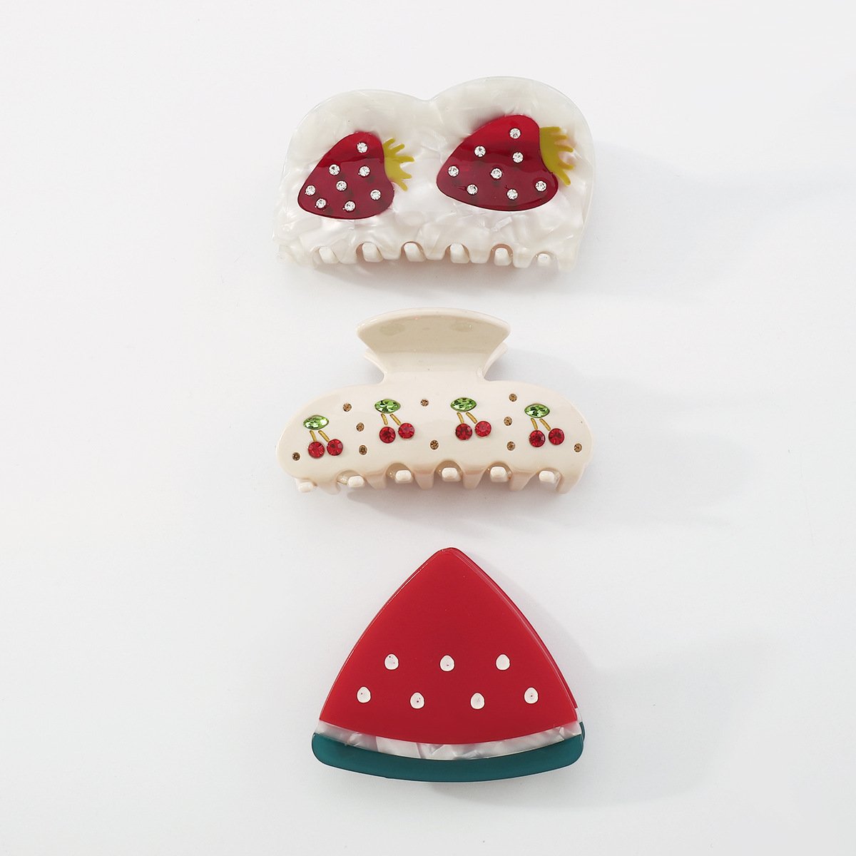 F4332 Light Luxury Cute Fruit Series Shark Clip Summer Cherry Watermelon Strawberry Color Diamond Fun Hair Clip
