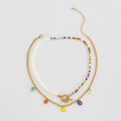 Jewelry sweet cool small daisy flower pendant simple color rice beads beaded necklace female