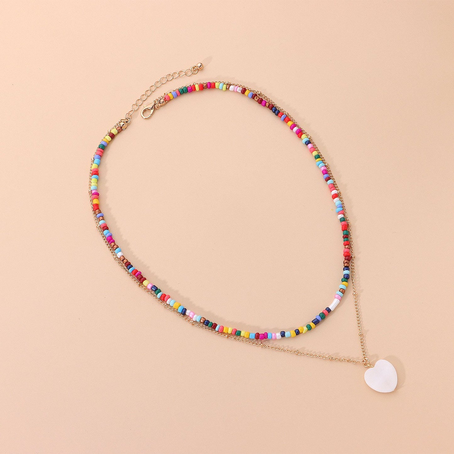 Jewelry Fashion Colorful Rice Beads Heart Shell Necklace Women's Double Layer Versatile Personality Handmade Necklace