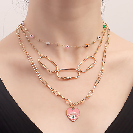 Jewelry trendy multi-layer colorful devil's eye pink love eye pendant necklace female