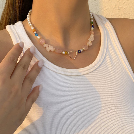 Jewelry Retro Stitching Flower Necklace Temperament Single-layer Mix and Match Multiple Heart-shaped Gravel Necklace Female