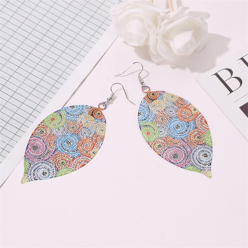 Creative color hollow leaf earrings bohemian ethnic exaggerated printing leaf earrings