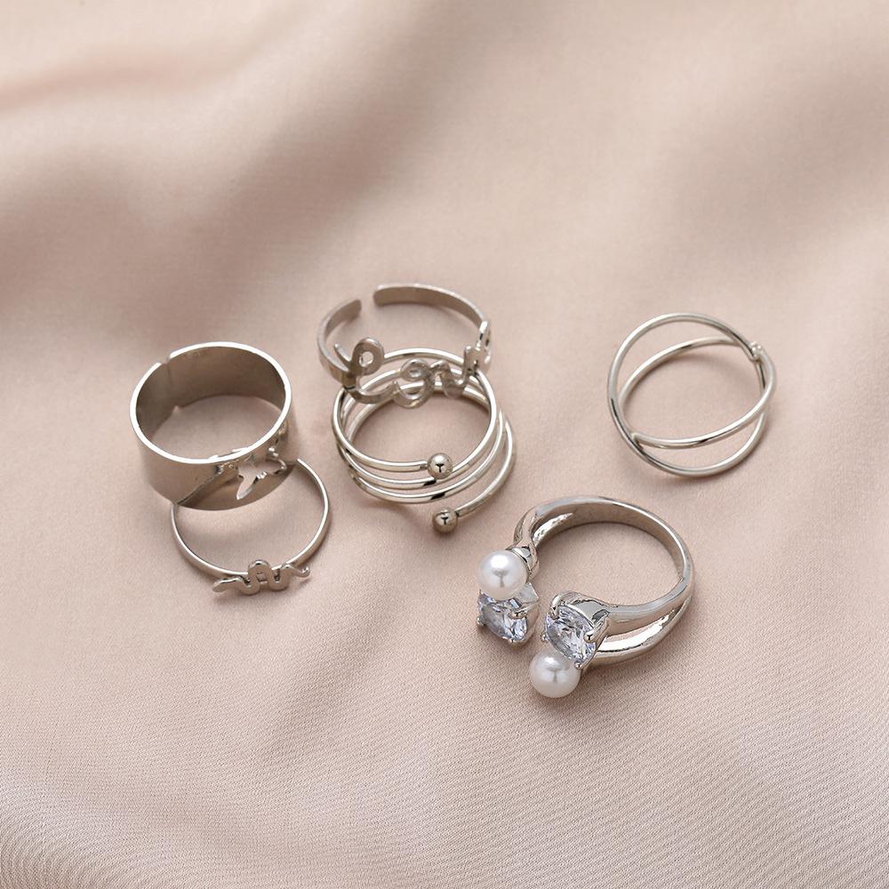 Fashion Retro Butterfly Love Snake Spring Pearl Multi-Piece Ring Set Six-Piece Set Ladies Jewelry