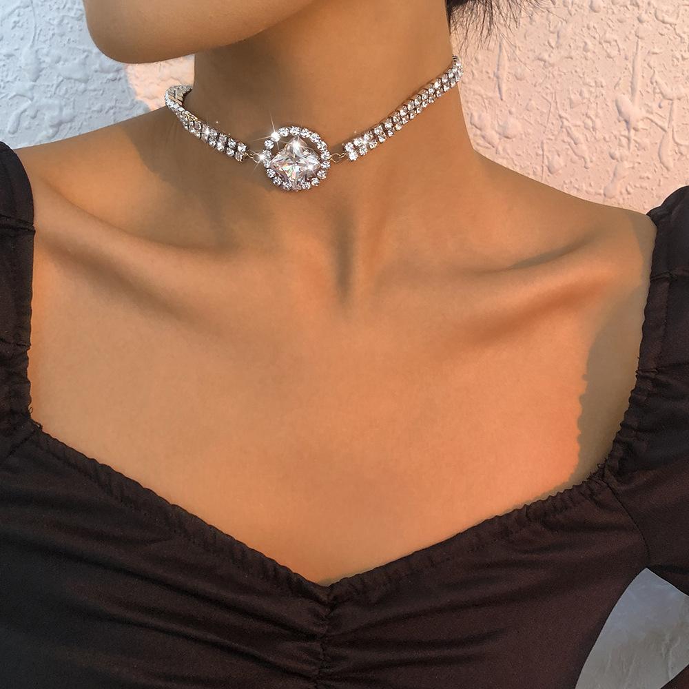 Jewelry Full Diamond Geometric Exaggerated Night Sexy Necklace Rhinestone Tassel Personality Internet Celebrity Necklace