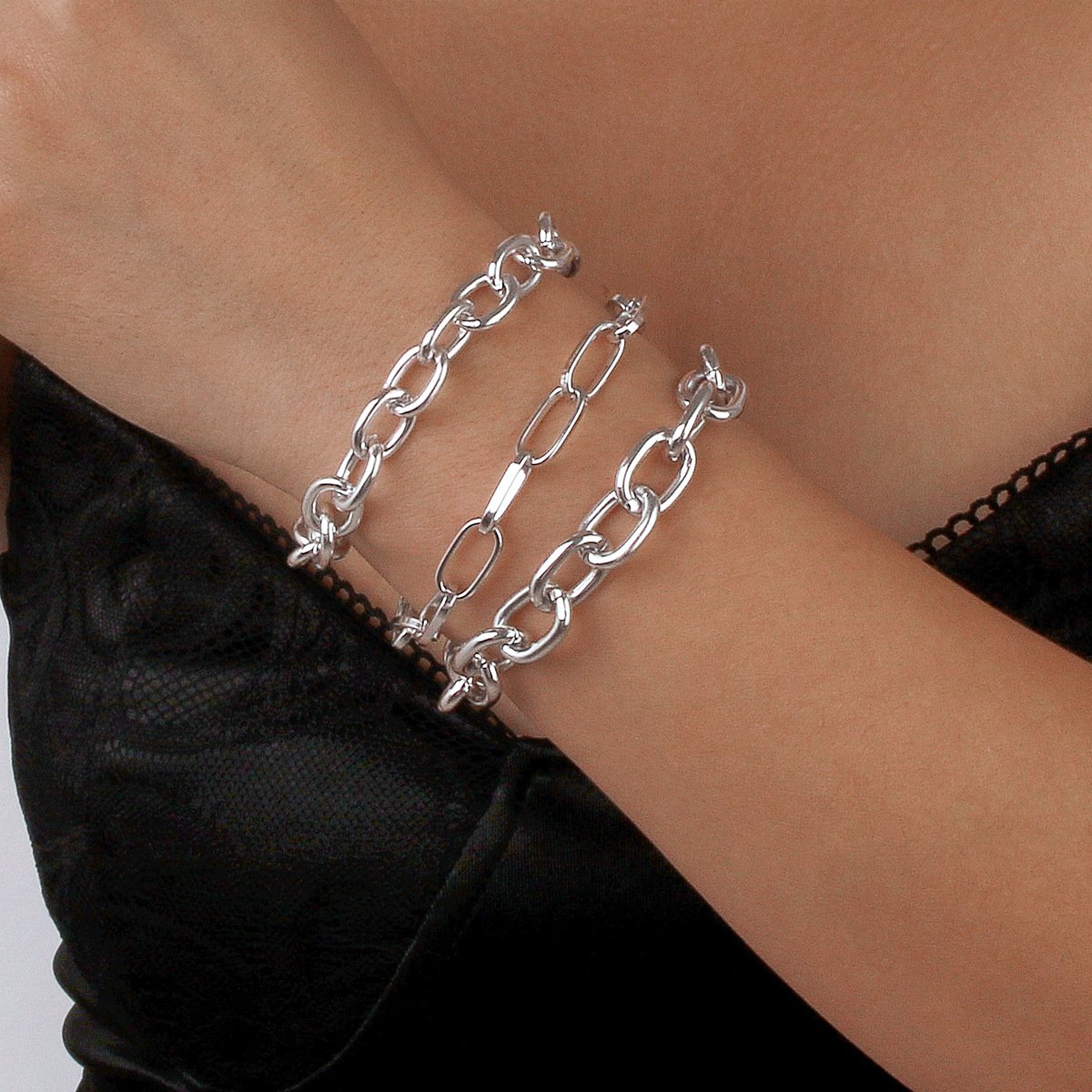 B1743 Exaggerated Metal Stacked Hip-Hop Bracelet Cold Personality Geometric Chain Punk Hand Jewelry Female